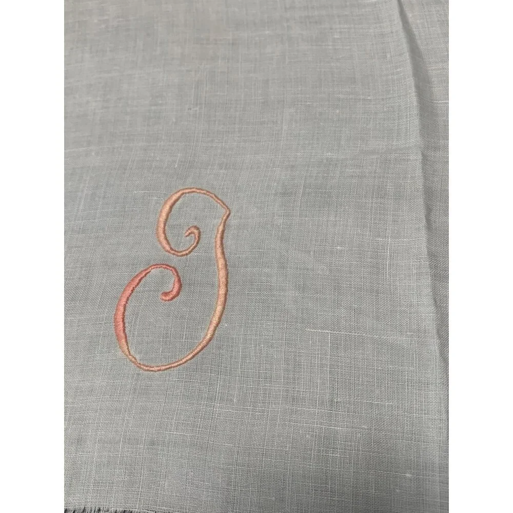 Vintage White Linen Hand Towel with Pink Embroidered Initial Monogram